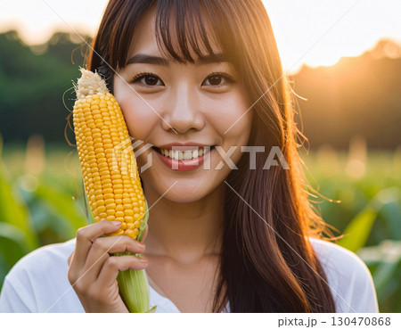 トウモロコシを収穫する若い女性/ Young woman harvesting corn	 130470868