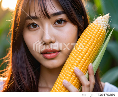 トウモロコシを収穫する若い女性/ Young woman harvesting corn	 130470869