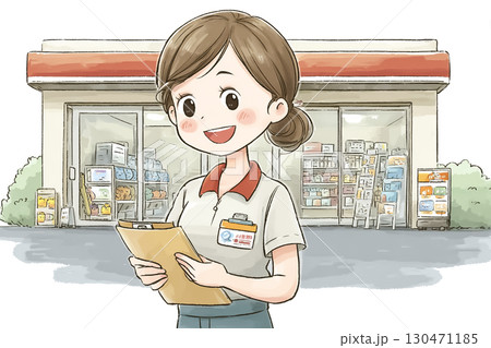 店頭で宣伝チラシを配る女性スタッフ 130471185