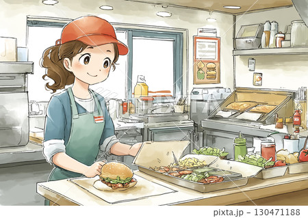 ファストフード店の厨房で調理する女性スタッフ 130471188