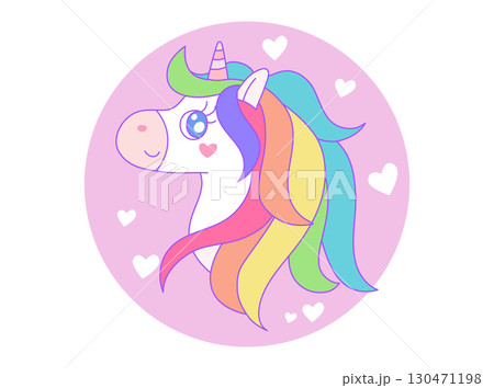 Head of cute rainbow unicorn on pink circle with heart and white background. Vector design illustration. 130471198
