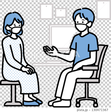 Illustration of a doctor wearing a mask and examining a patient 130471367