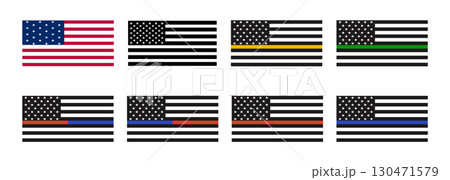 Collection of US Flags with Support Stripes. American Thin Line Flags. Collection of US Flags with Support Stripes. American Thin Line Flags. 130471579