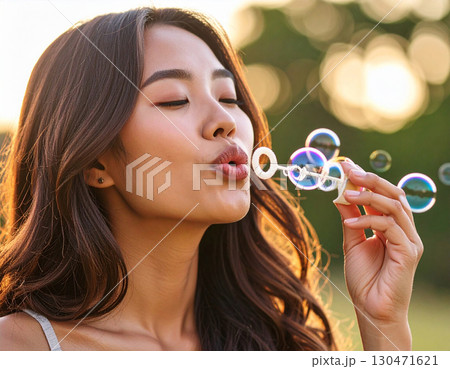 シャボン玉で遊ぶ若い女性/Young woman playing with soap bubbles 130471621