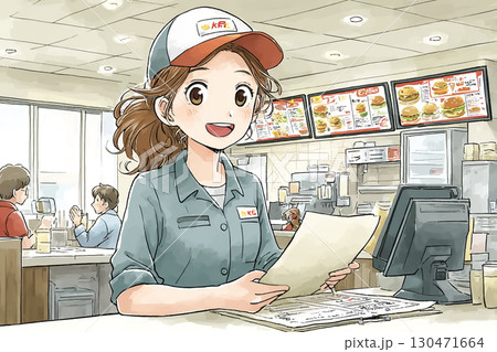 美優シリーズ:ファストフード店のカウンターで注文を取る女性スタッフ  美優シリーズ:ファストフード店のカウンターで注文を取る女性スタッフ  130471664