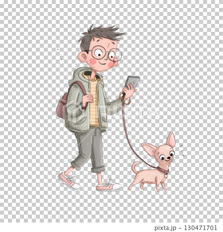 A cute illustration of a woman walking with a Chihuahua 130471701