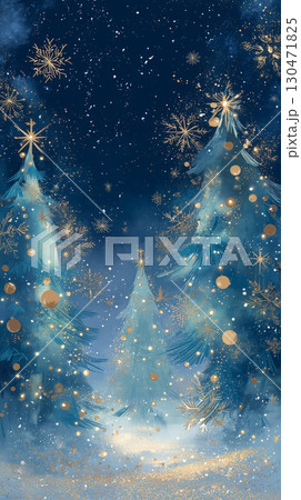 雪の森に輝くクリスマスツリーと星空の幻想的な風景イラスト 130471825