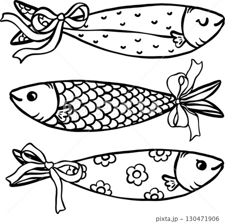 Coquette Girly Sardine fish, Fisherman Aesthetic,  Three Fish with Bows hand drawn outline doodle 130471906
