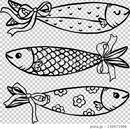 Coquette Girly Sardine fish, Fisherman Aesthetic,  Three Fish with Bows hand drawn outline doodle 130471906