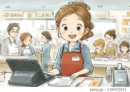 フードコートのスタッフがレジで会計する女性 130472051