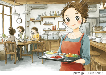 美優シリーズ：食事処で料理を運ぶ女性スタッフ 130472053