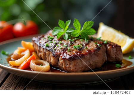 medium rare beef steak grilled with herbs, fried onions and lemon on a wooden table 130472402