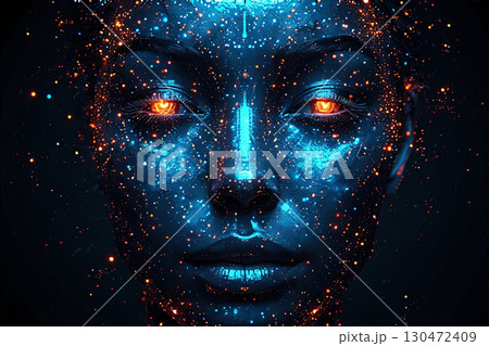 cosmic blue female face with glowing orange eyes with neon particles, psychedelic cover illustration 130472409