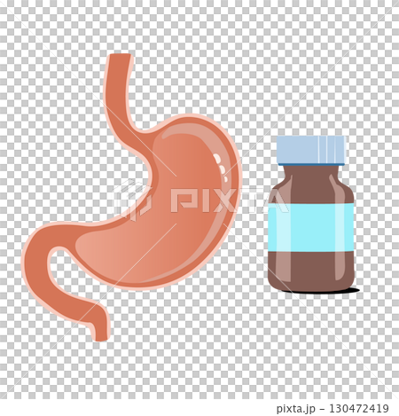 胃袋と薬瓶による胃薬の描写イラスト 130472419