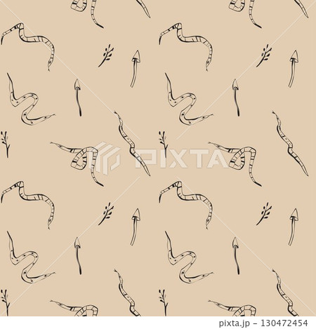 Hand drawn pattern with snake mushrooms and twigs seamless design for fabric textile wallpaper and stationery. 130472454