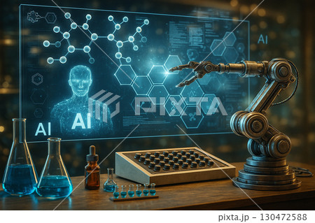 AI generated futuristic laboratory scene with robotic arm working among glass flasks digital holograms and molecular structures symbolizing innovation and scientific technology 130472588