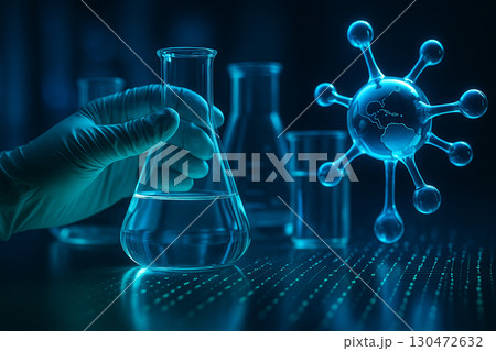 AI generated image of a gloved hand holding glass flask with glowing molecular structure and digital binary effects symbolizing nanotechnology biotechnology innovation and medical research AI generated image of a gloved hand holding glass flask with glowing molecular structure and digital binary effects symbolizing nanotechnology biotechnology innovation and medical research 130472632