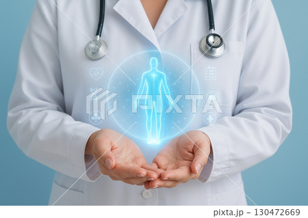 AI generated futuristic hologram of human body glowing above doctor hands with medical icons symbolizing digital healthcare protection innovation and advanced diagnostics AI generated futuristic hologram of human body glowing above doctor hands with medical icons symbolizing digital healthcare protection innovation and advanced diagnostics 130472669