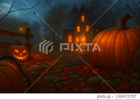 AI generated Halloween scene with giant pumpkin glowing jack o lantern rustic wooden house autumn leaves fence and misty night creating spooky warm and mysterious atmosphere 130472707