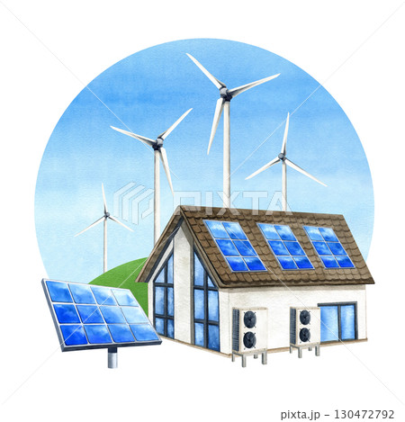 Solar panels and Inverter heat pump on house, Wind turbine on green field. Watercolor clip art scenery, blue sky, PV battery. Renewable generator energy. Alternative electricity illustration Solar panels and Inverter heat pump on house, Wind turbine on green field. Watercolor clip art scenery, blue sky, PV battery. Renewable generator energy. Alternative electricity illustration 130472792