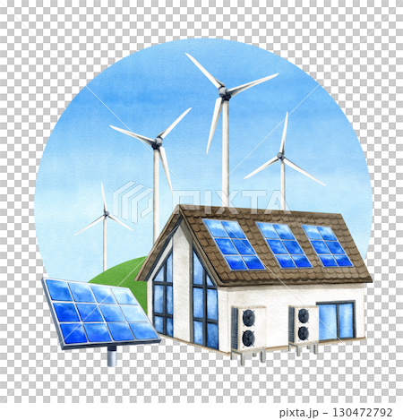 Solar panels and Inverter heat pump on house, Wind turbine on green field. Watercolor clip art scenery, blue sky, PV battery. Renewable generator energy. Alternative electricity illustration 130472792