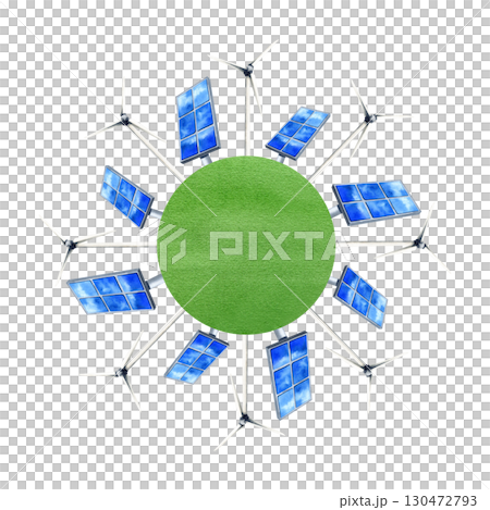 Solar panel, wind turbine on green round field clip art. PV battery, windmil renewable energetic source isolated from background. Alternative generator. Environmental protection for articles, website 130472793