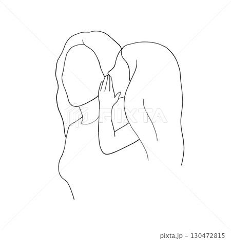 Daughter whispers in mother ear. Little girl with mom. Woman and child. Graphic vector illustration, sketch line art style. Mother Day or Daughter Day holiday. Postcards, articles, care product 130472815