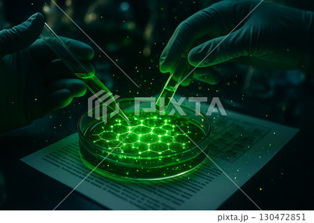 AI generated laboratory scene with green glowing liquid in petri dish pipette experiment combining realism with futuristic science innovation AI generated laboratory scene with green glowing liquid in petri dish pipette experiment combining realism with futuristic science innovation 130472851
