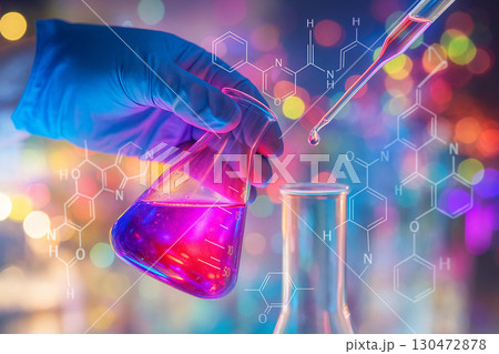 AI generated digital artwork of a glowing purple red beaker with pipette and holographic molecular graphics symbolizing futuristic laboratory research and scientific innovation 130472878