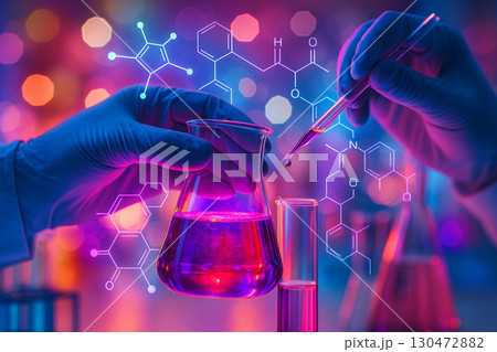 AI generated digital artwork of a glowing purple red beaker with pipette and holographic molecular graphics symbolizing futuristic laboratory research and scientific innovation 130472882