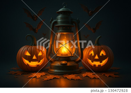 AI generated halloween fantasy artwork of vintage lantern glowing with warm light surrounded by carved jack o lanterns bats flying and autumn leaves in mysterious dark night atmosphere 130472928