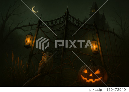 AI generated halloween gothic fantasy artwork of old iron gate covered in spider webs with lanterns glowing pumpkin owl and haunted castle under crescent moon in eerie mysterious night 130472940