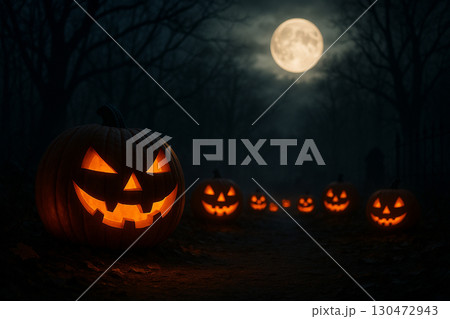 AI generated spooky Halloween night scene with glowing jack o lanterns lighting a forest path under a full moon with eerie gothic atmosphere mysterious and haunting mood 130472943