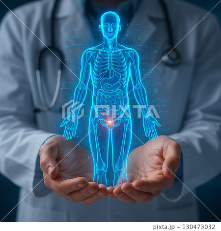 AI generated illustration of futuristic healthcare showing a doctor holding a glowing blue holographic human body with skeleton and digestive system in a digital science lab 130473032