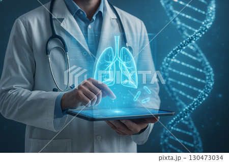 AI generated medical illustration of a doctor using digital tablet with glowing lung hologram and dna graphics symbolizing advanced technology precision medicine and futuristic healthcare AI generated medical illustration of a doctor using digital tablet with glowing lung hologram and dna graphics symbolizing advanced technology precision medicine and futuristic healthcare 130473034