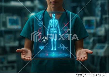 AI generated futuristic healthcare illustration showing doctor with holographic human body analysis data representing digital health precision medicine and advanced technology AI generated futuristic healthcare illustration showing doctor with holographic human body analysis data representing digital health precision medicine and advanced technology 130473077