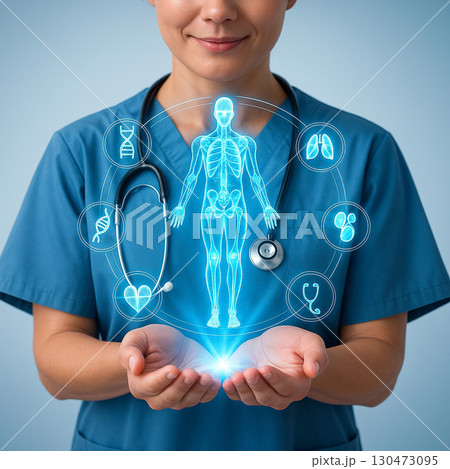 AI generated futuristic healthcare illustration showing medical professional with holographic human body surrounded by health icons symbolizing digital health and precision medicine 130473095