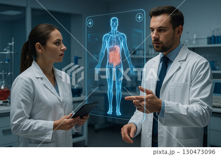 AI generated futuristic doctors analyzing human body with glowing hologram in modern lab showing anatomy and digital healthcare technology for accurate diagnosis and research 130473096