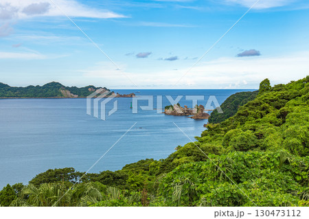 緑に囲まれた海岸線と沖に浮かぶ岩礁の自然風景 130473112