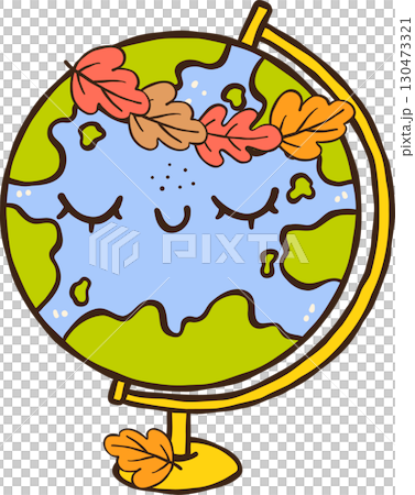 Cute Autumn Back to School Cartoon Earth Globe with Autumn Leaves Cute Autumn Back to School Cartoon Earth Globe with Autumn Leaves 130473321