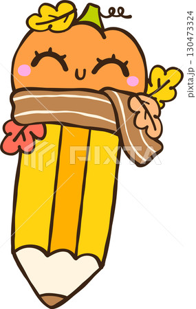 Cute Autumn Back to School, Pumpkin Pencil with Scarf Illustration Cute Autumn Back to School, Pumpkin Pencil with Scarf Illustration 130473324