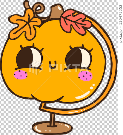 Cute Autumn Back to School Pumpkin Globe Cartoon Illustration 130473352