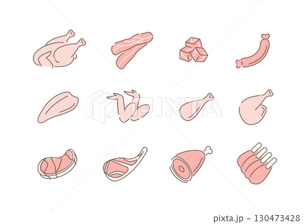 Different types of Meat. Chicken Breast, Drumsticks, Steak, Ribs and other Red Meat, Poultry and Pork Parts. Butcher Shop Symbols Different types of Meat. Chicken Breast, Drumsticks, Steak, Ribs and other Red Meat, Poultry and Pork Parts. Butcher Shop Symbols 130473428