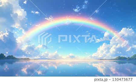 青空に架かる虹と雲が海の水面に反射している美しい水彩イラスト 130473677