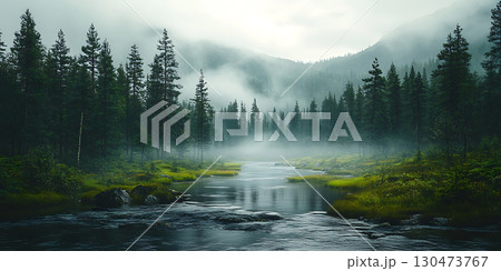 Misty Mountain Stream A Serene Nature Scene Misty Mountain Stream A Serene Nature Scene 130473767