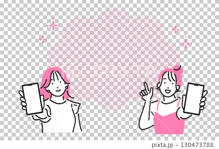 スマホの画面を見せる若い女性たちとコピースペース 130473788