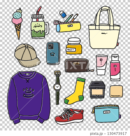 Stylish fashion, miscellaneous goods, cosmetics, sweets, and various illustration set 130473917