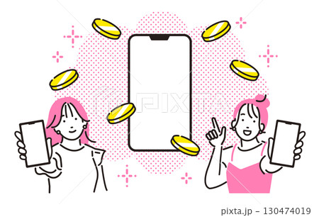 スマホの画面を見せる若い女性たちとスマホとコインイメージ スマホの画面を見せる若い女性たちとスマホとコインイメージ 130474019