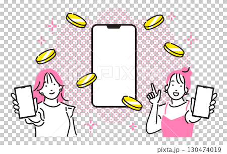 年輕女性展示智慧型手機螢幕上的智慧型手機和硬幣圖像 130474019