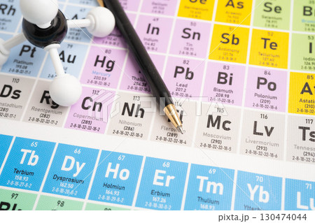 Molecules chemical on a periodic table background. 130474044